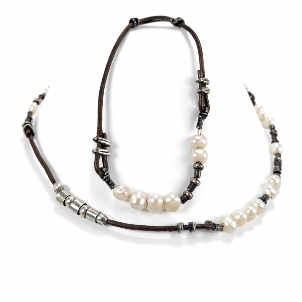 Retired Signed Silpada 925 Sterling Freshwater Pearl Leather Necklace + Bracelet - Picture 5 of 9